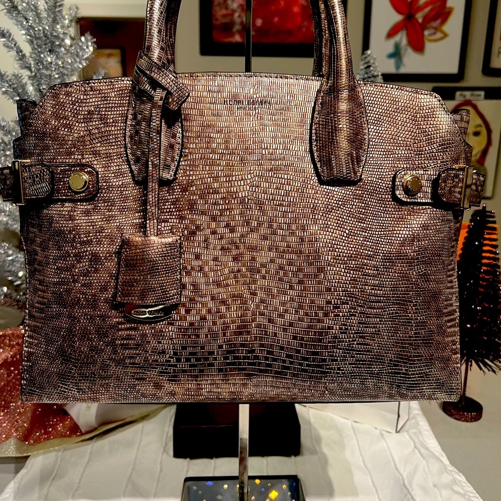 Henri Bendel gold and brown top handle bag in EUC like brand new w dust bag.